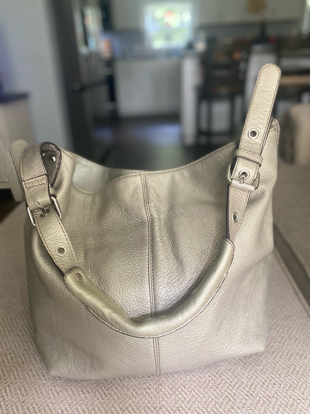 Tignanello Metallic Taupe Leather Hobo Shoulder Bag